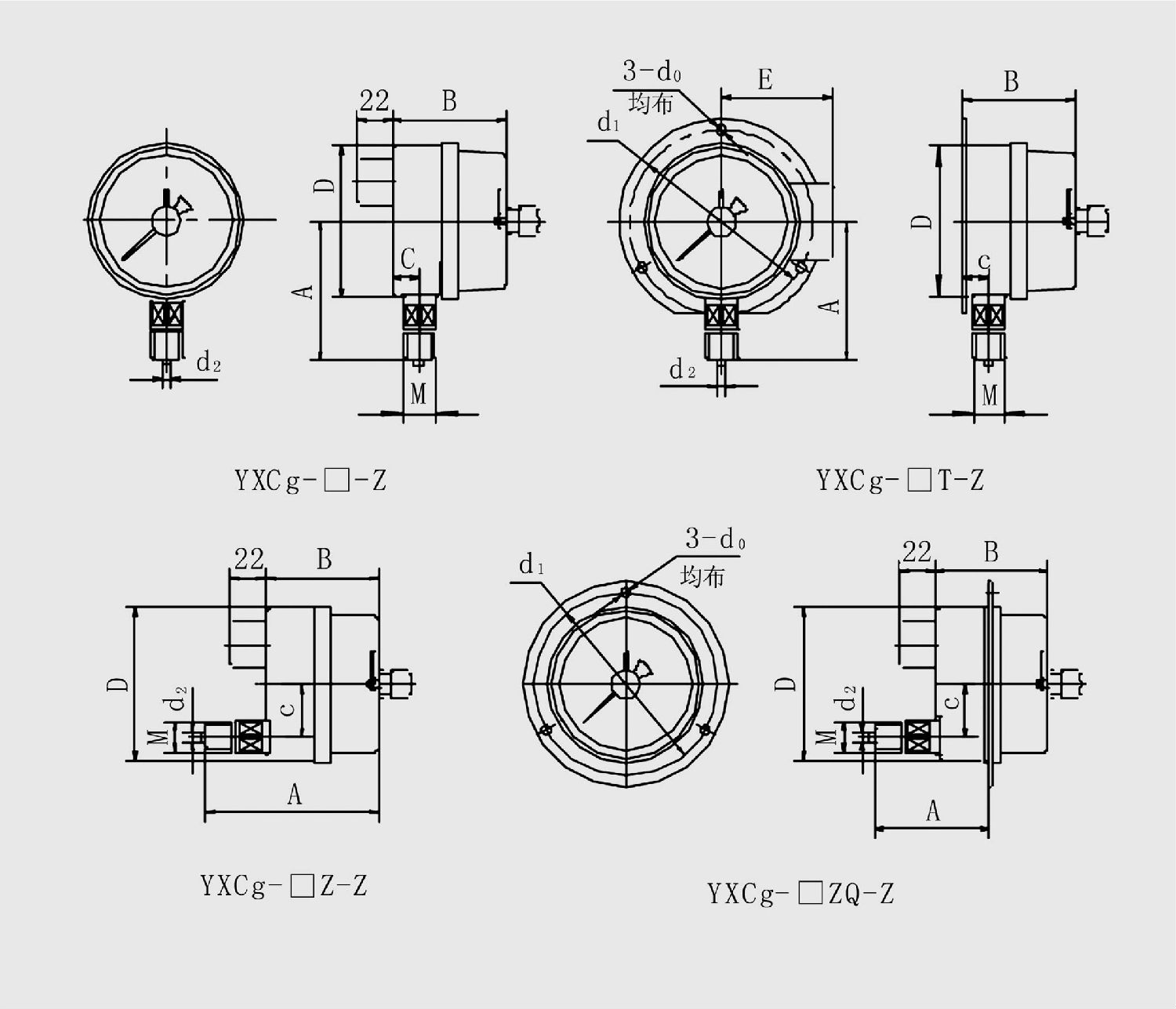 YXCg-150-Z径向耐震磁感电接点压力表外形尺寸 YXCg-150-Z径向耐震磁感电接点压力表外形尺寸
